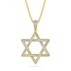 For your faith or your heritage, make this diamond Star of David pendant your signature look. 10K gold This simple and classic Star of David symbol is adorned with diamonds and bead detailing Complementing bail completes the style 1/5 ct. t.w. of diamonds 22.0-inch box chain; spring-ring clasp Diamond Necklace With Star Of David Accents, Yellow Gold Star Of David Jewelry With Diamond Accents, Gold Diamond Star Of David Jewelry, Star Of David Pendant, Diamond Star, Signature Look, Star Of David, Box Chain, 10k Gold