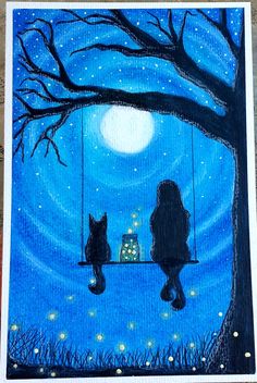 a painting of two cats sitting on a swing in front of a tree at night