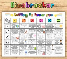 a printable dice board with the words dicebreakerr getting to know you