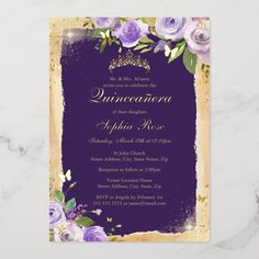 an elegant purple and gold quinceauce wedding card with roses on it,