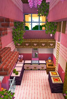 a room with pink walls and flooring in the shape of a kitchen, dining area and stairs leading up to an open window