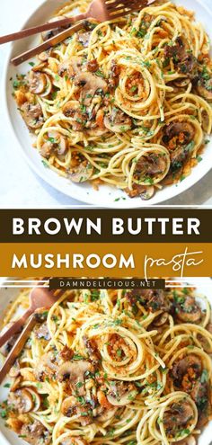 brown butter mushroom pasta in a white bowl with chopsticks on the side and text overlay