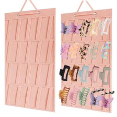 two pink wall hangings with different types of hair clips on them, one is open and the other is closed