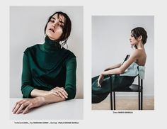 a woman sitting in a chair with her hand on the table and another photo of herself wearing a green turtle neck top