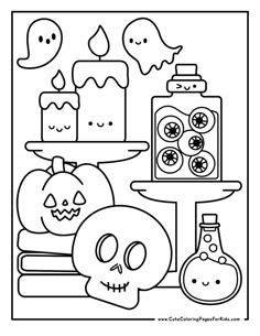 halloween coloring pages with pumpkins, candles and skulls on the shelf in black and white