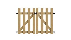 a wooden gate with black hardware on the top and bottom bars, set against a white background