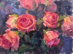 an oil painting of pink roses in a vase