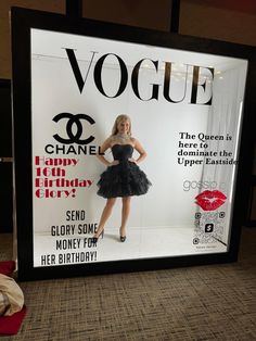 a woman in a short black dress on the cover of a magazine with an advertisement for her birthday