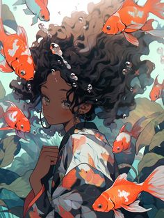 a woman with curly hair standing in front of goldfish