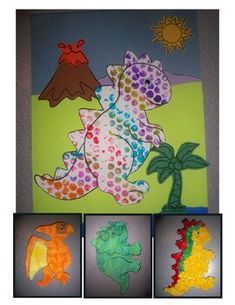 three different pictures of dinosaurs and one is made out of paper with colored crayons