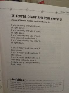 an open book with writing on it that says if you're ready and you know it