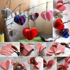 several pictures of hearts hanging from a branch with scissors and paper attached to the strings