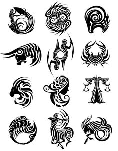 twelve zodiac signs in black and white with swirls on the sides, including an animal head