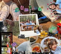 a collage of photos with people sitting at picnic tables and food on the ground