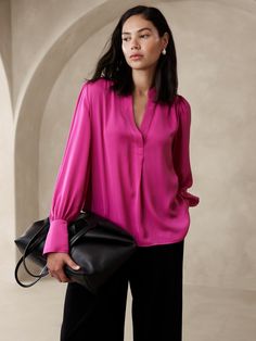 Volume-Sleeve Blouse | Banana Republic Factory Braided Shirt, Classic Fashion Looks, Peplum Wrap Top, Long Sleeve Wrap Top, Layered Blouse, Blue Sleeveless Dress, Dolman Sleeve Tops, Fitted Blouses, Striped Turtleneck