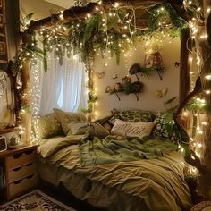 Aesthetic Nature Bedroom, Fairy Style Bedroom, Cozy Bed Against Wall, Fae Bedroom Aesthetic, Celestial Dorm Room, Light Witchy Bedroom Aesthetic, Fantasy Inspired Room, Plant Dorm Room Aesthetic, Dark Forest Theme Bedroom