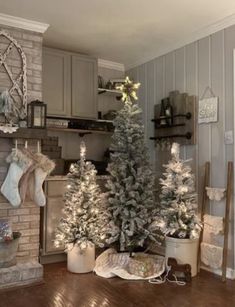 a living room filled with christmas trees and stockings