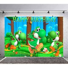 an image of a happy birthday scene with two green cartoon characters on the same stage