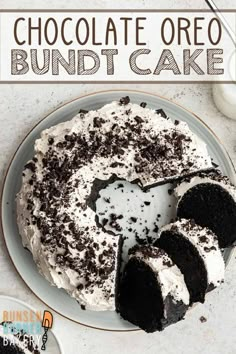 a chocolate oreo bundt cake on a plate