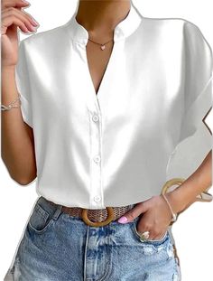 Womens Basic Tops, White Short Sleeve Shirt, Plain Blouse, Standing Collar, Fashion Business, Work Tops, Dressy Tops, Women Shirts Blouse, White Short