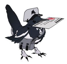 a black and white bird with a news paper in its beak, wearing a hat