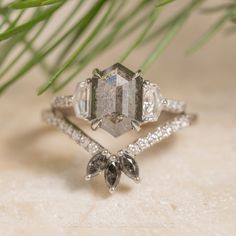 a diamond ring sitting on top of a table next to a pine branch with leaves