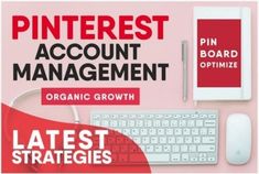 an advertisement for pinterest account management on a pink background with keyboard and mouse