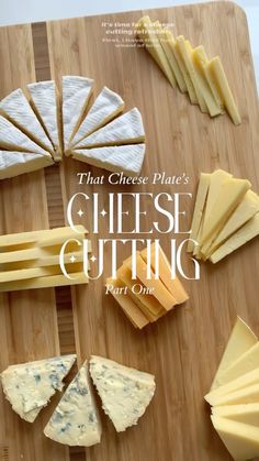 cheese cutting board with different types of cheese on it and the title that cheese plate's cheese cutting part one