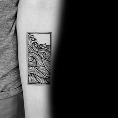 a black and white photo of a person with a tattoo on their arm that has waves in it