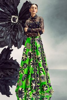 Parrot green lehenga with abstract print and weave studded detail. Paired with metal balls studded sheer shirt. - Aza Fashions Luxury Green Floral Print Traditional Wear, Anarkali Lehenga With Digital Print For Party, Traditional Party Lehenga With Digital Print, Green Silk Choli For Eid, Designer Green Long Sleeve Traditional Wear, Diwali Party Lehenga With Digital Print, Designer Fitted Lehenga With Digital Print, Designer Digital Print Fitted Lehenga, Anarkali Choli With Digital Print For Party