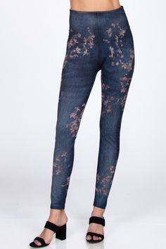 Made in the USA, our super soft printed leggings are America's favorite! Our high waist leggings feature M.Rena's iconic tummy control waistband with an exclusive print you won't find anywhere else. A washed-denim jean print featuring with a bleach-dye inspired motif in blossoms. Trendy Tight Activewear For Fall, Trendy Full-length Activewear For Fall, Trendy Full Length Activewear For Fall, Spring Full-length Leggings With Elastic Waistband, Fall Full Length Comfort Stretch Leggings, Trendy Tight Leggings For Fall, Trendy High Rise Leggings For Winter, Trendy High-rise Winter Leggings, Full-length Leggings With Elastic Waistband For Fall