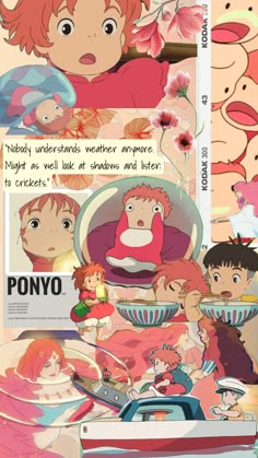 an image of some cartoon characters with flowers in their hair and the words ponyo written on