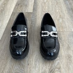 Black Patent Leather Loader With Silver Buckle. Brand New In Great Condition. Black Loafers With Buckle For Office, Black Loafers With Buckle Closure For Office, Black Buckle Closure Loafers For Office, Trendy Faux Leather Loafers For Formal Occasions, Chic Formal Zara Loafers, Zara Black Round Toe Loafers, Zara Black Leather Loafers, Black Loafers With Buckle Closure And Almond Toe, Black Almond Toe Loafers With Buckle Closure