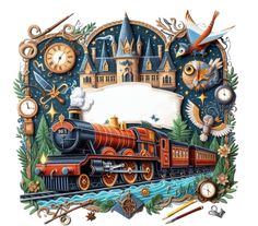 a drawing of a train on the tracks with clocks and other things around it in front of a castle