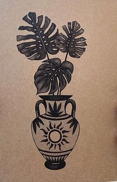 a drawing of a vase with plants in it