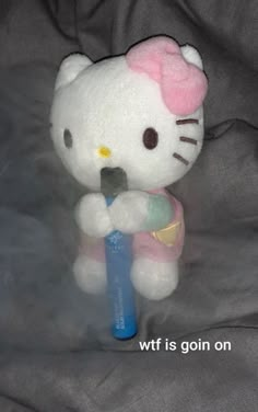 a hello kitty stuffed animal holding a toothbrush