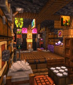 the inside of a minecraft house with lots of furniture and decorations on it's walls