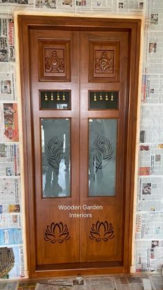 a wooden door with two glass panels on it