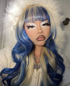 Colorful Wig Hairstyles, Hair Dye Color Combos, Fun Color Hair, Unique Wig Hairstyles, Blue Afro, Blue And Red Hair, Fem Faceclaims, 2000s Stuff