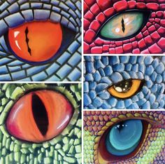 four different colored images of dragon eyes