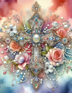 a cross with flowers and pearls in the center on a blue, purple, pink and white background