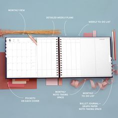 the contents of a planner spread out on a blue background with pink tape and pencils