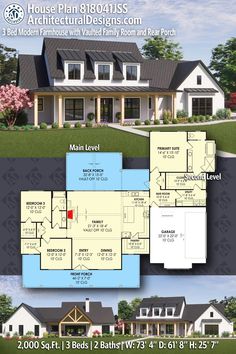 two story house plan with 3 beds and 2 baths in the front, an open floor plan