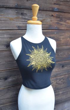 Sun Mandala Fitted Crop Top - Yoga Crop Top - Sacred Geometry Sun Crop Top - Festival Crop Top - Gol Fitted Tank Top For Summer Festivals, Fitted Cotton Tank Top For Festivals, Fitted Cotton Tank Top For Festival, Gold Crop Top For Summer, Spring Gold Stretch Crop Top, Gold Stretch Crop Top For Summer, Gold Stretch Crop Top For Spring, Fitted Gold Crop Top For Spring, Black Fitted Tank Top For Festivals