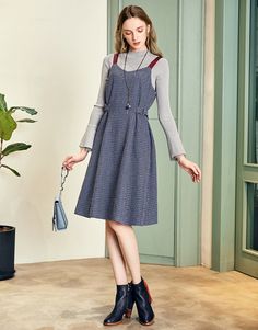 Plaid Tweed Tank Midi Dresses - 84.96 Casual Tweed Dress For Fall Workwear, Casual Tweed Dress For Fall, Casual Tweed Dresses For Winter, Casual Winter Tweed Dress, Casual Knee-length Tweed Dress For Fall, Blue Tweed Dress For Fall, Casual Houndstooth Dress For Fall, Fall Tweed Midi Length Dress, Casual Long Sleeve Tweed Dress