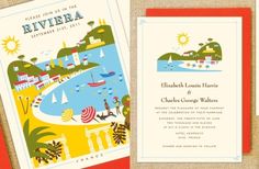 an image of a wedding card with the words riviera on it and a beach scene