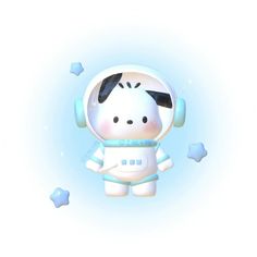 a cute little dog in an astronaut suit with headphones on and stars around it