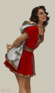 a drawing of a woman in a red dress with a white bag on her shoulder