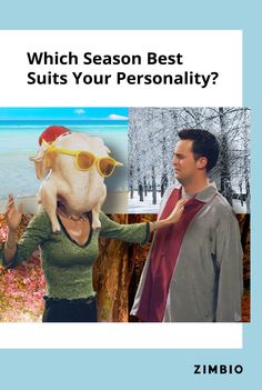 the cover of which season best suits your personality? by zimbio, featuring a man in sunglasses and a woman with a bird on his head