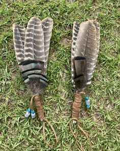 two feathers are tied together on the grass